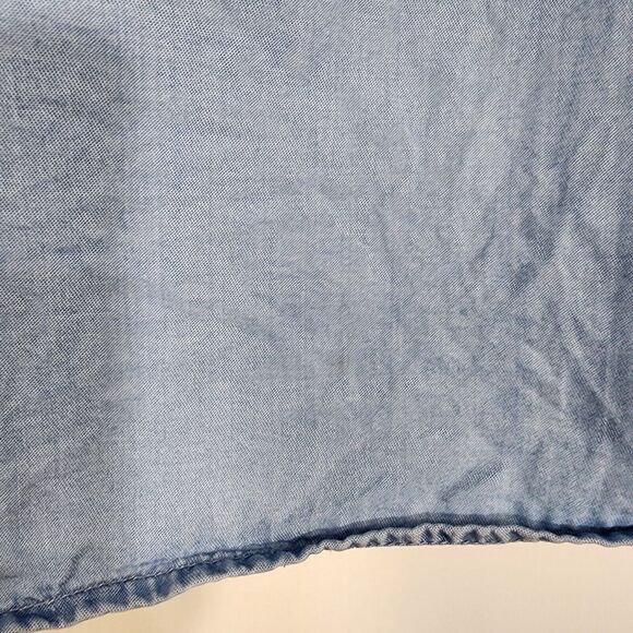 J Jill Denim Top XS Petite Chambray Tiered Ruffle Bell Sleeve Tencel Lyocell Blu - Picture 13 of 13